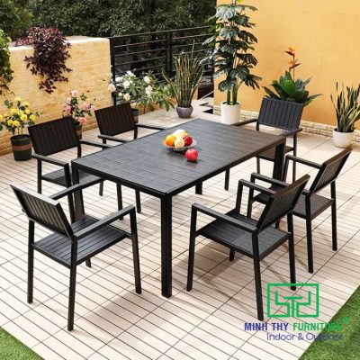 Bàn ghế nhựa giả gỗ ngoài trời độ bền cao sử dụng cho quán cafe và nhà hàng sân vườn