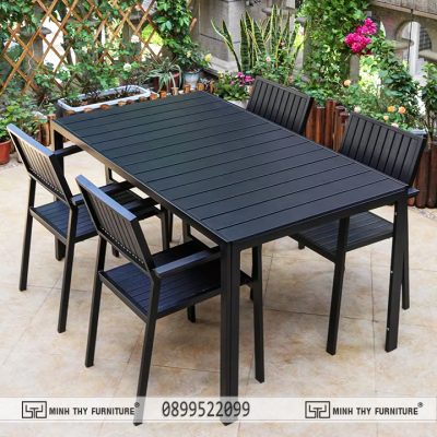 Bàn ghế nhựa giả gỗ ngoài trời chống nắng mưa bền đẹp cho quán cafe sân vườn